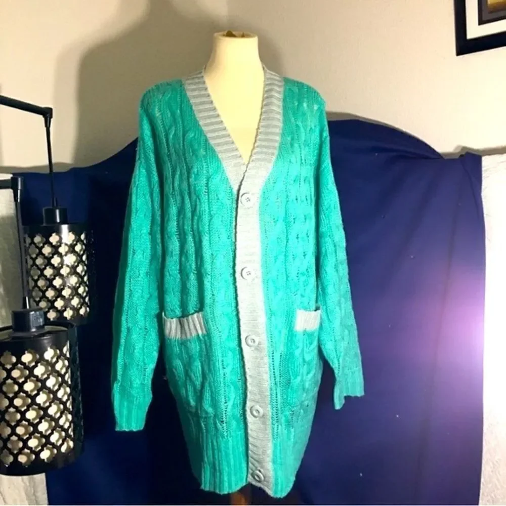 LuLaRoe Lucielle NWT Aqua/Gray Knit Cardigan Sweater Size M